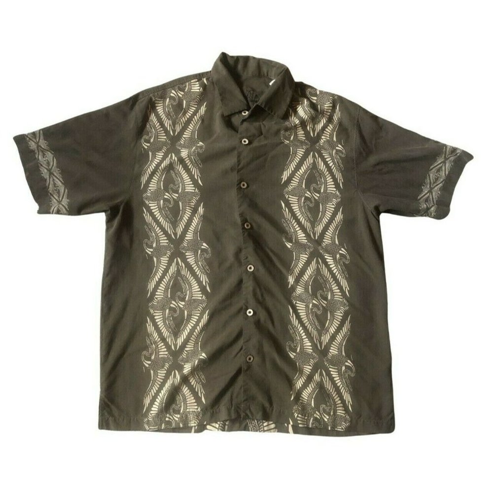 Tommy Bahama Crane Hawaiian Shirt Brown Silk Button Down Men Large L